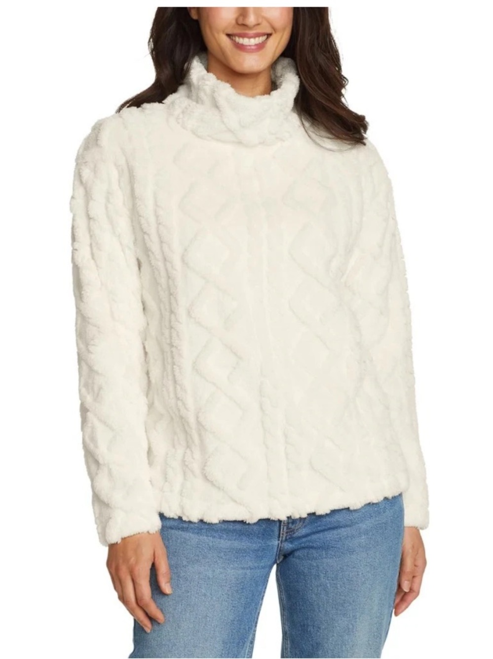Eddie Bauer Cream Cable Plush Turtleneck Pullover